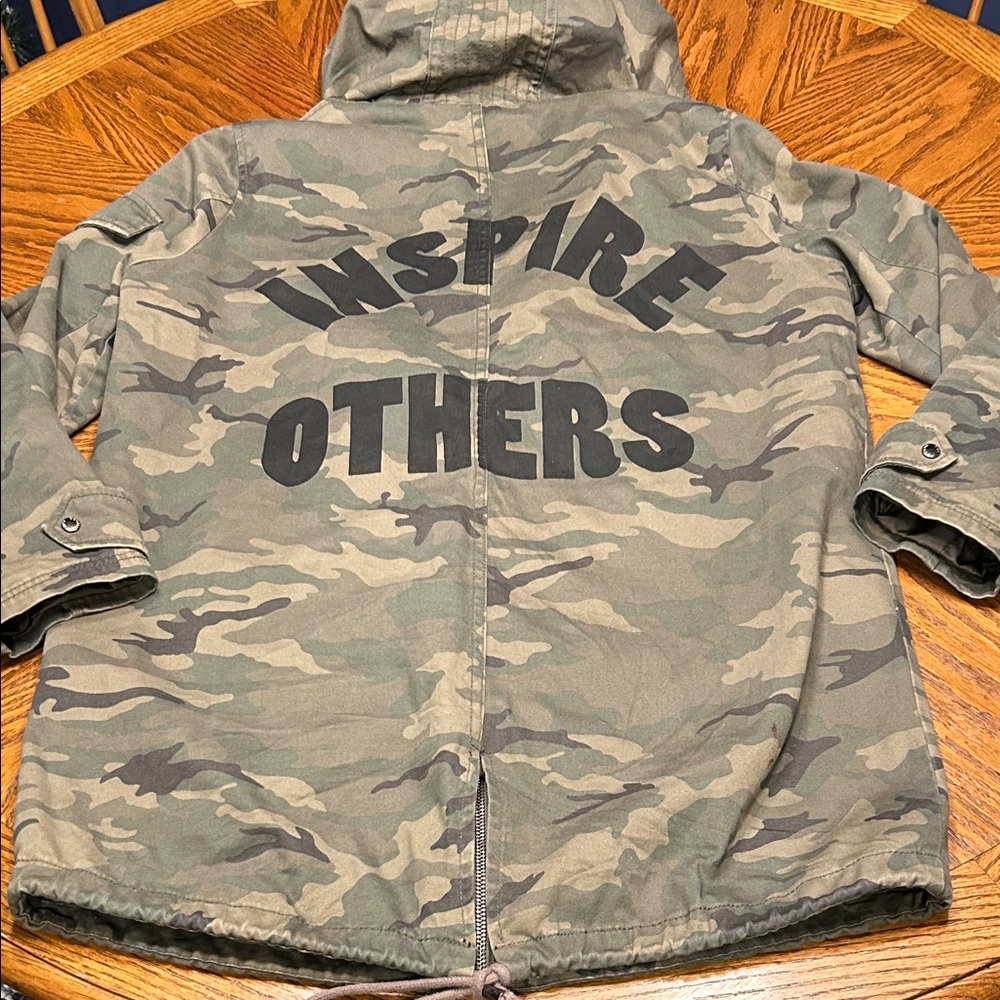 Zara “Inspire Others” Green Camouflage Military Style Parka Jacket.
